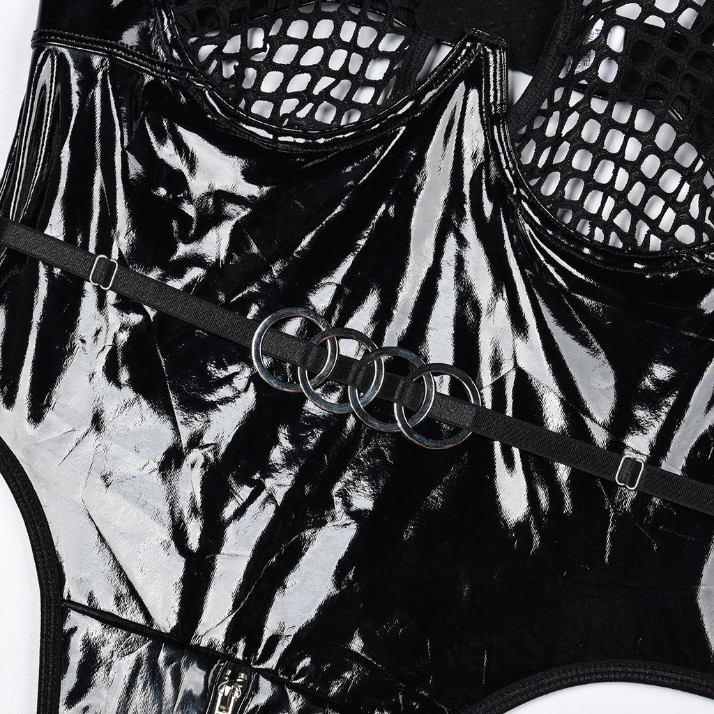 2024 Sexy Erotic Lingerie Set Corset Woman  Leather Bodysuit Zipper Open Crotch Rompers Mesh Sheer Hollow Out Female Underwear