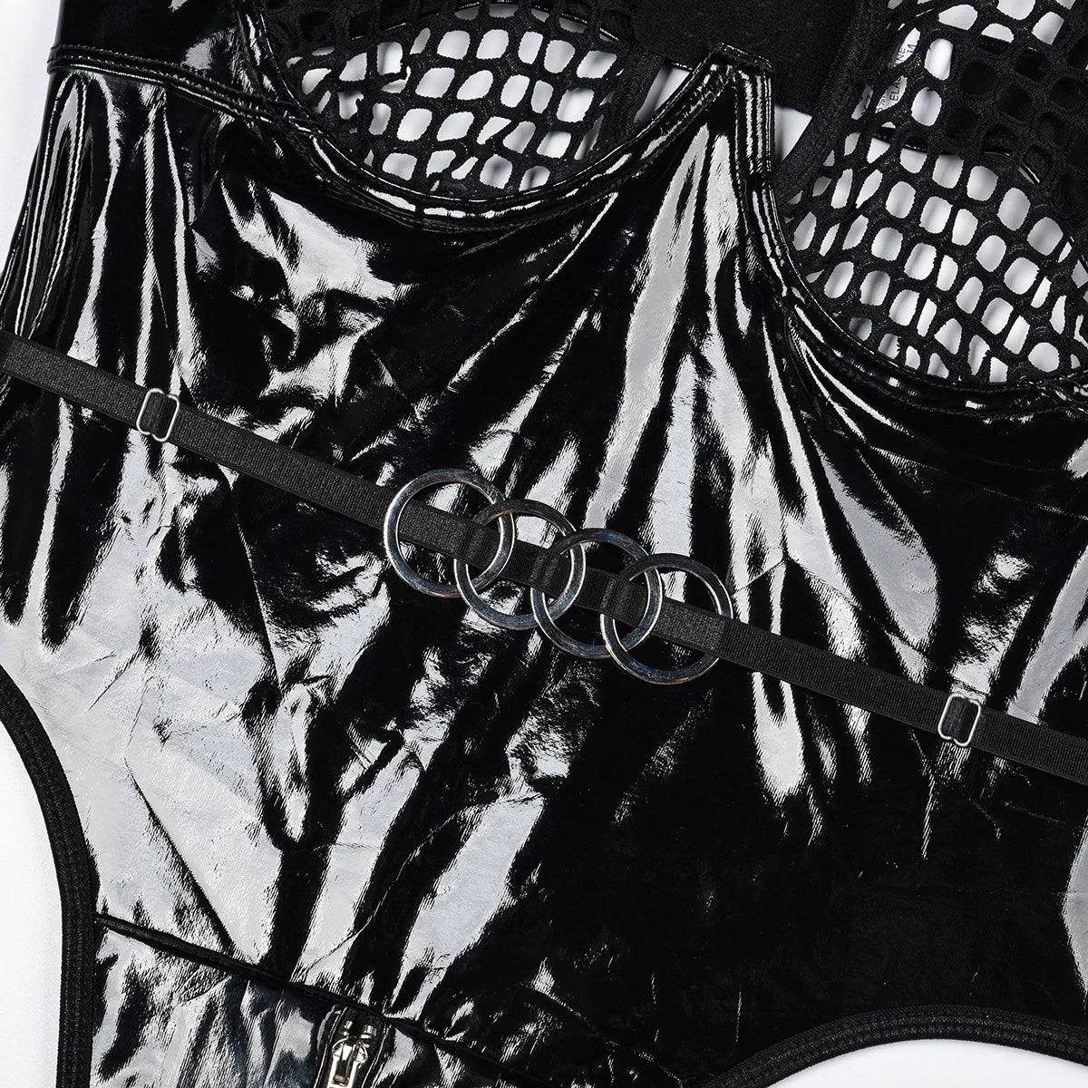 2024 Sexy Erotic Lingerie Set Corset Woman  Leather Bodysuit Zipper Open Crotch Rompers Mesh Sheer Hollow Out Female Underwear