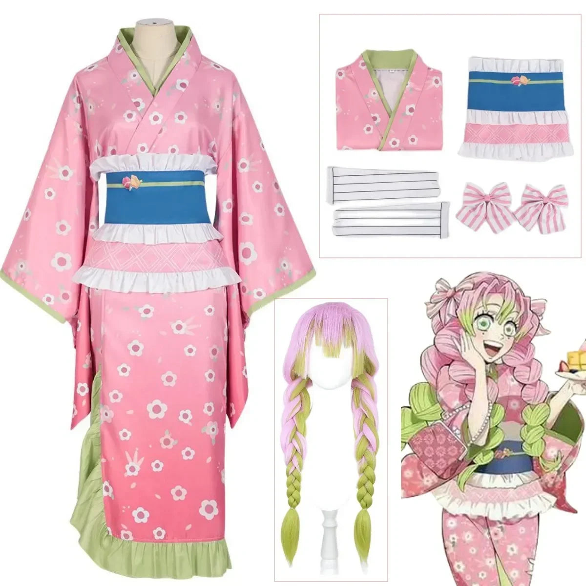 New Fashion Kanroji Mitsuri Cosplay Costume Pink Kimono Dress Outfits Halloween Carnival Party Disguise Women Suits