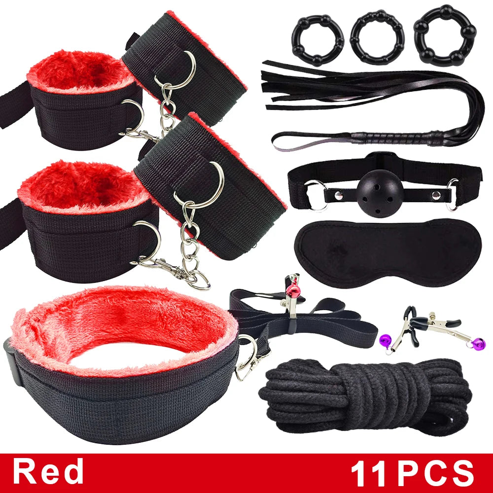 Sex Toys BDSM Bondage Set Erotic Bed Games Handcuffs Ankle Nipple Clamps Whip Spanking Slave Collars Adults Sex Game For Couples