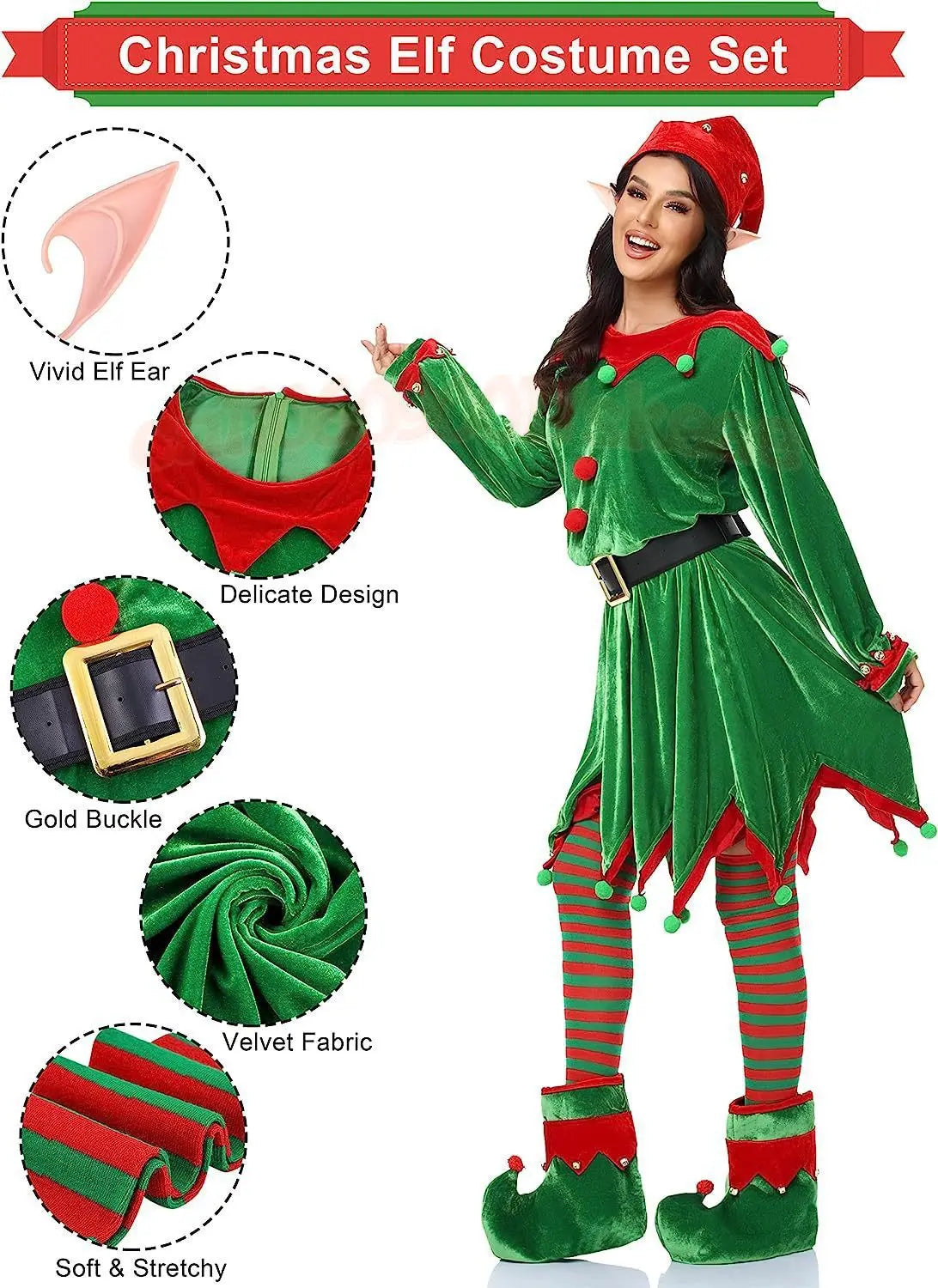2025 yiyi Adults Lady Christmas Elf Costume Fit Hooded Velvet Dress Festival Party Family Matching Outfits New Year Cosplay Clot