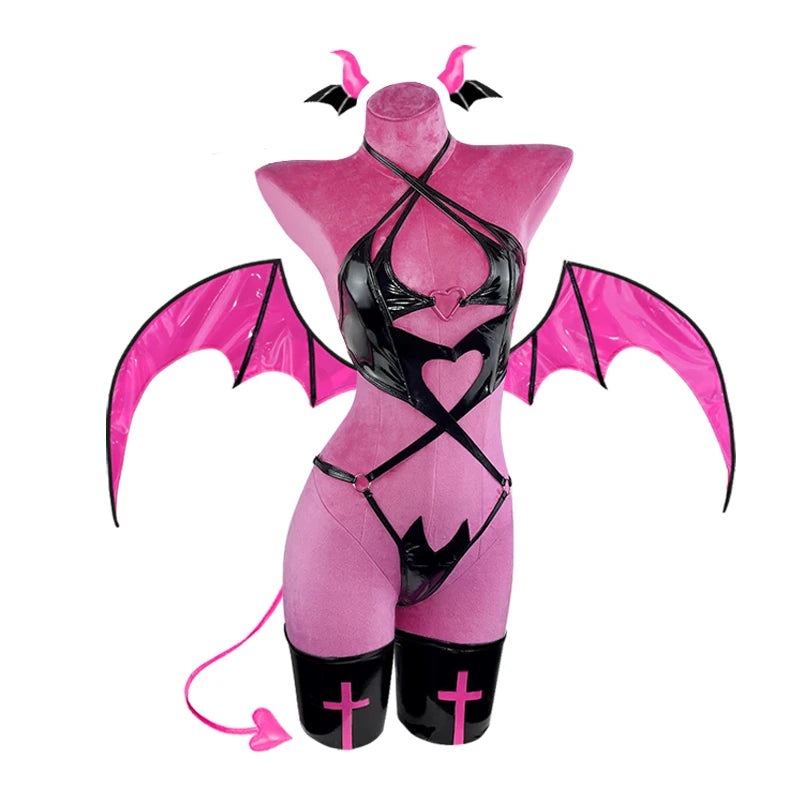 KORURACLUB COSPLAY LITTLE DEVIL WOMEN SEXY BODYSUIT PLUS SIZE HALLOWEEN COSTUMES PU LEATHER SUIT LINGERIE