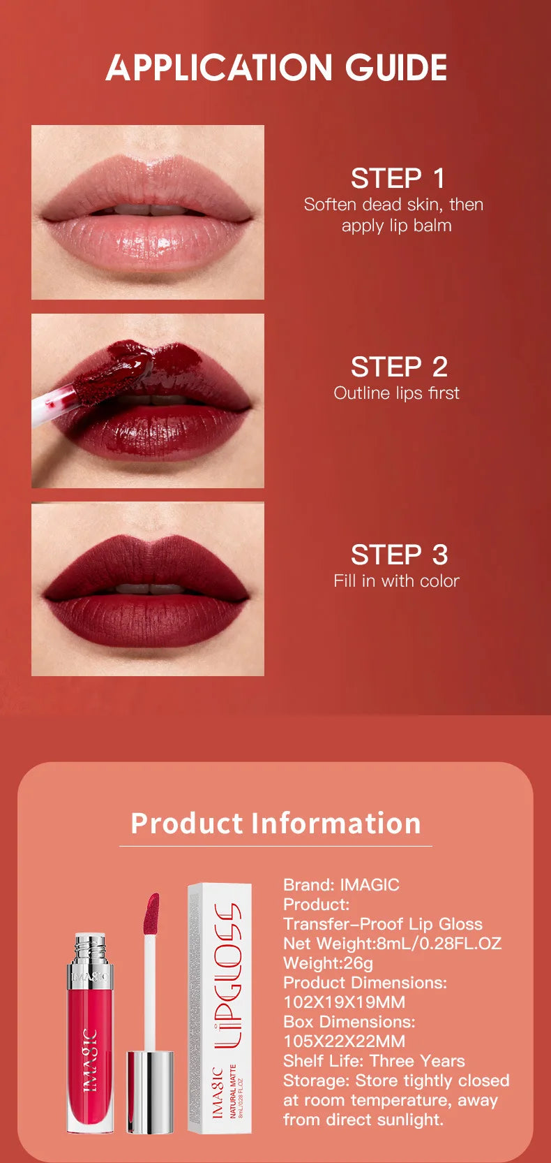 IMAGIC Natural Matte Lipgloss Stainless Steel Cup Waterproof Long-Lasting Lip Makeup Beauty 8ml NO.LP-221