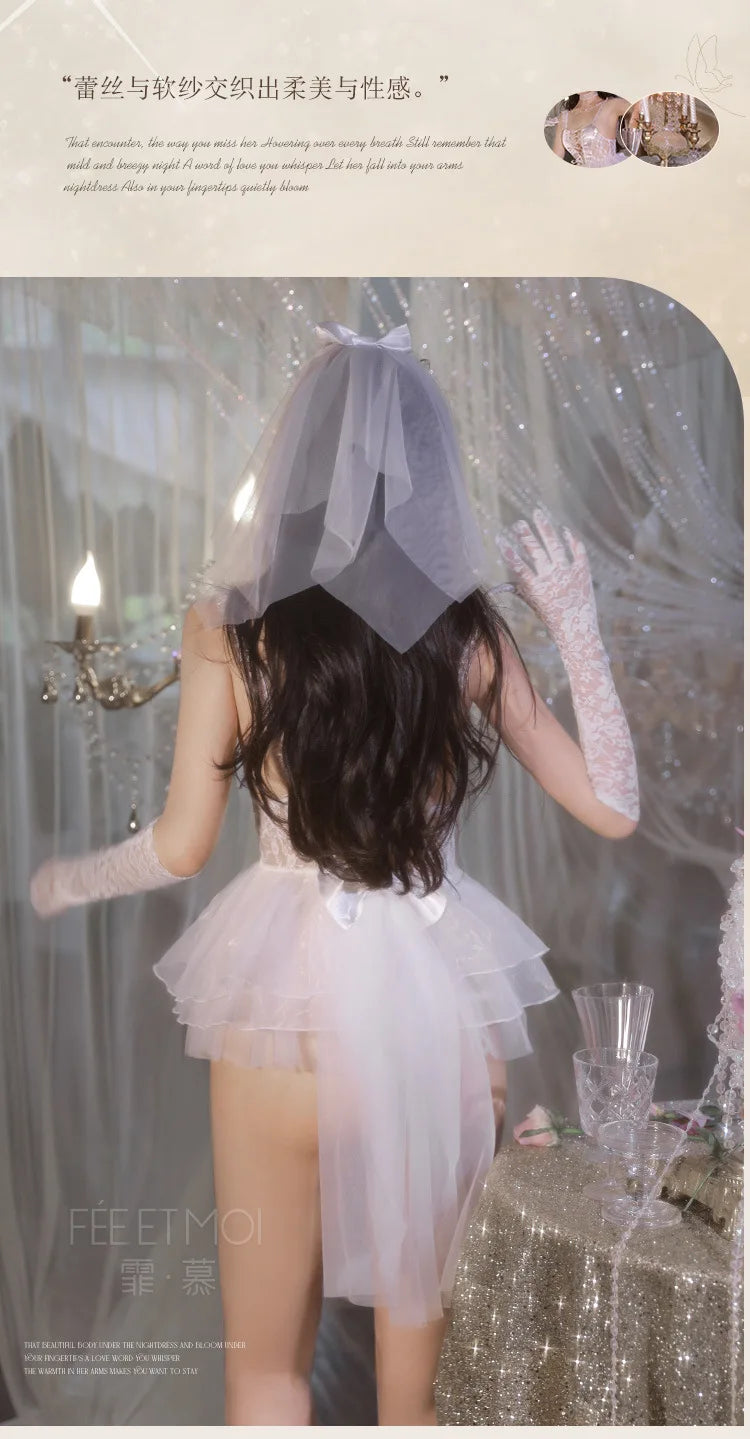 jimiko Costume Women Cosplay Bridal Wedding Lingerie Set Wedding Night Sexy Lingerie Erotic Playwear Tulle Lingerie Playwear Set
