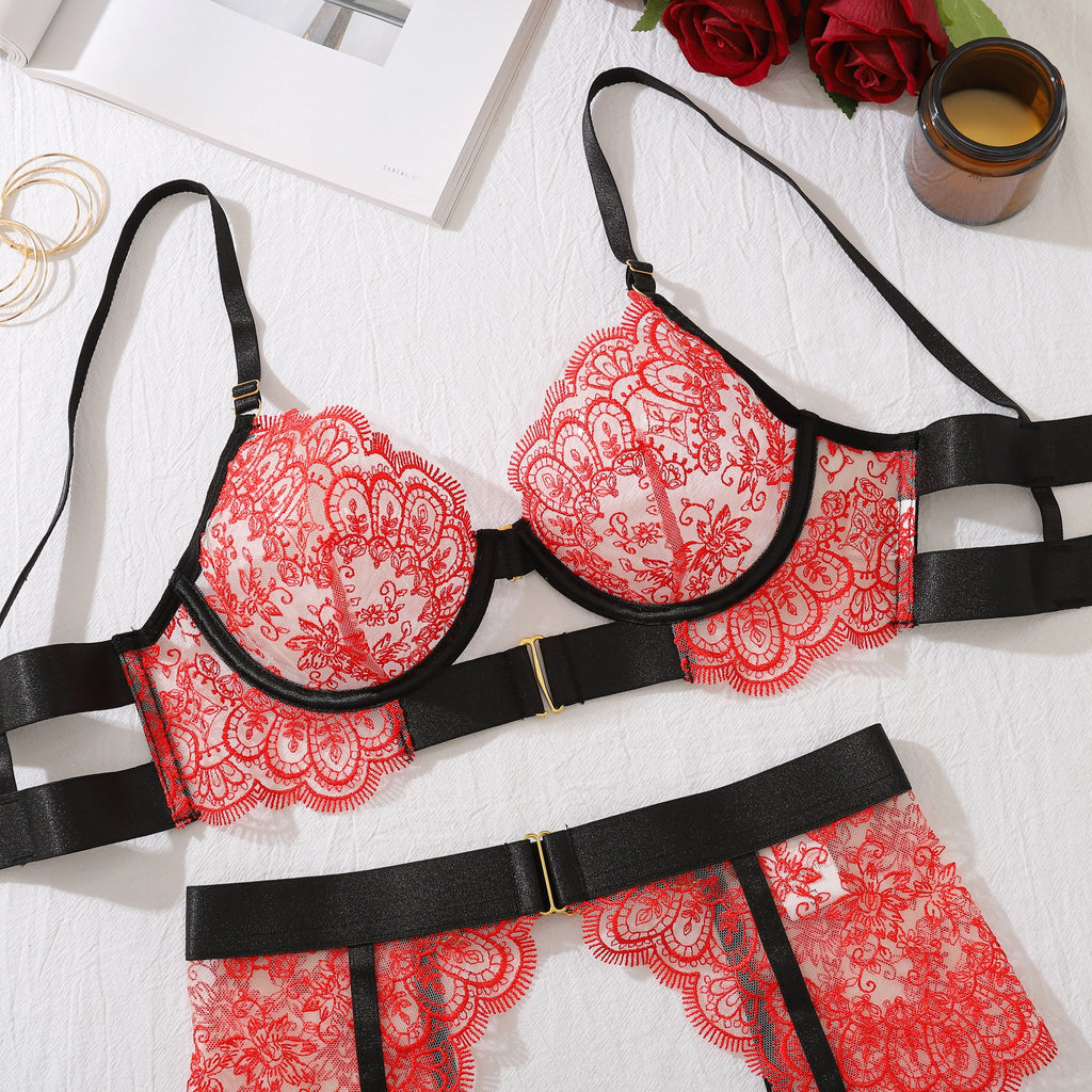 2024 New Erotic Set See-Through Embroidered Sexy Eyelash Lace Body Shaping Lingerie Four-Piece Set Women Onlyfan
