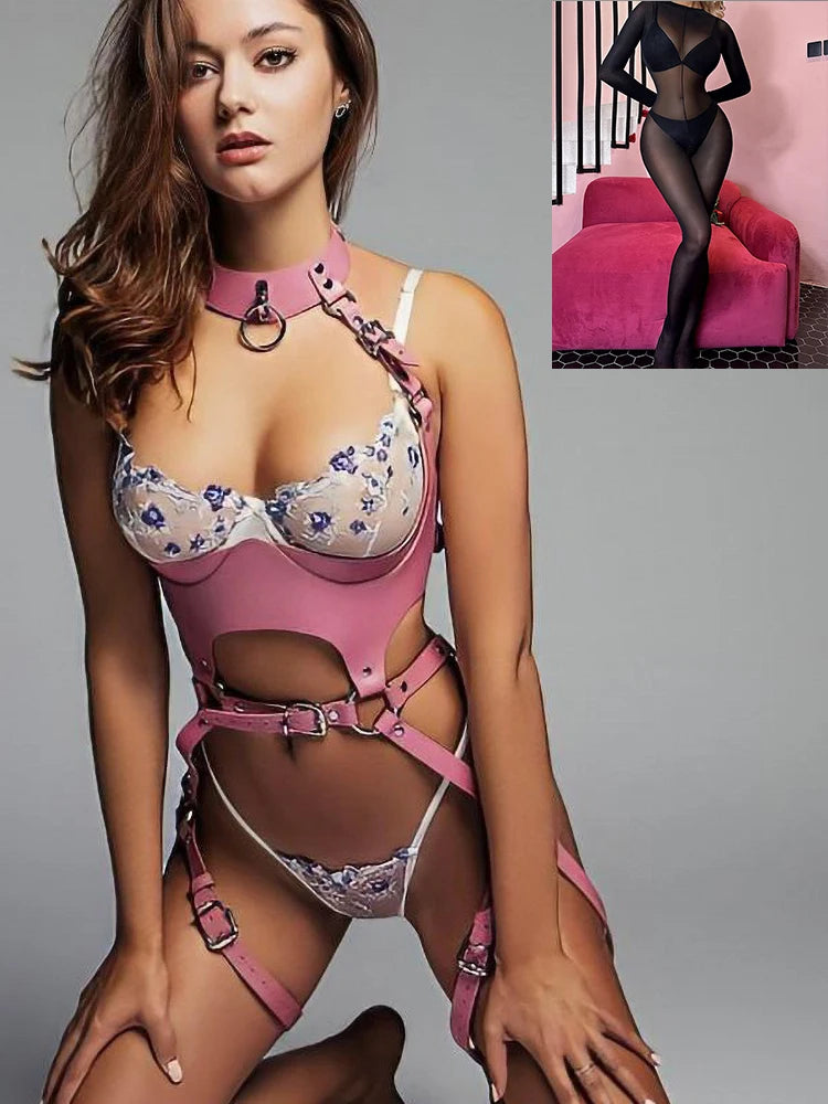 Sexy Bondage Lingerie Outfit Leather with Bodystockings BDSM Adjustable Garter Full Body Harness Gothic Sex Product Erotic Set