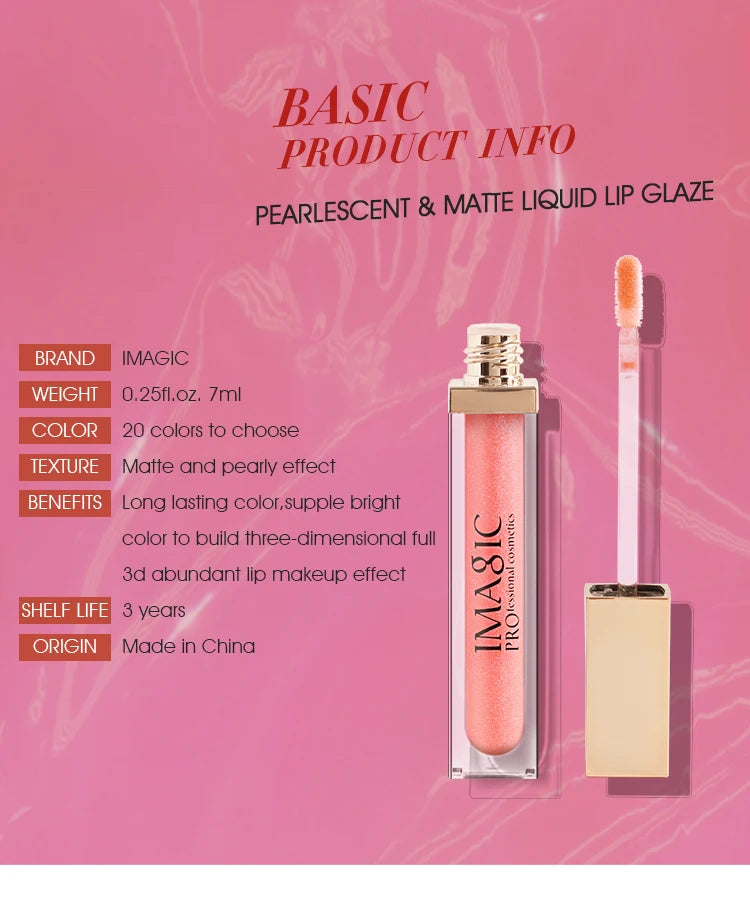 IMAGIC 20Colors Lip Glaze&Gloss Long Lasting Matte Moisturizing Lightweight Pigment Liquid Lipstick Silky Texture Women Makeup