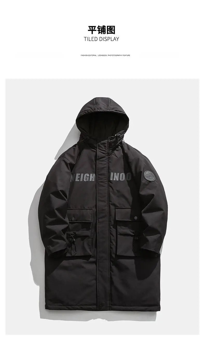 Techwear Down Cotton Jacket Men's Oversize Mid Length Workwear Cold Weather Clothing Winter Pockets Thick Hooded Parkas