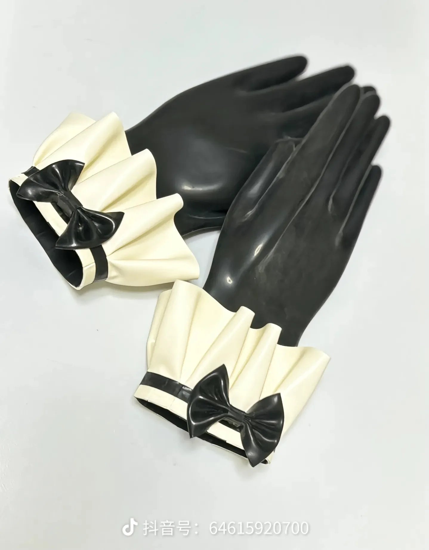 Sexy Black Fetish Latex Gloves Wrist Length with Lace and Bow