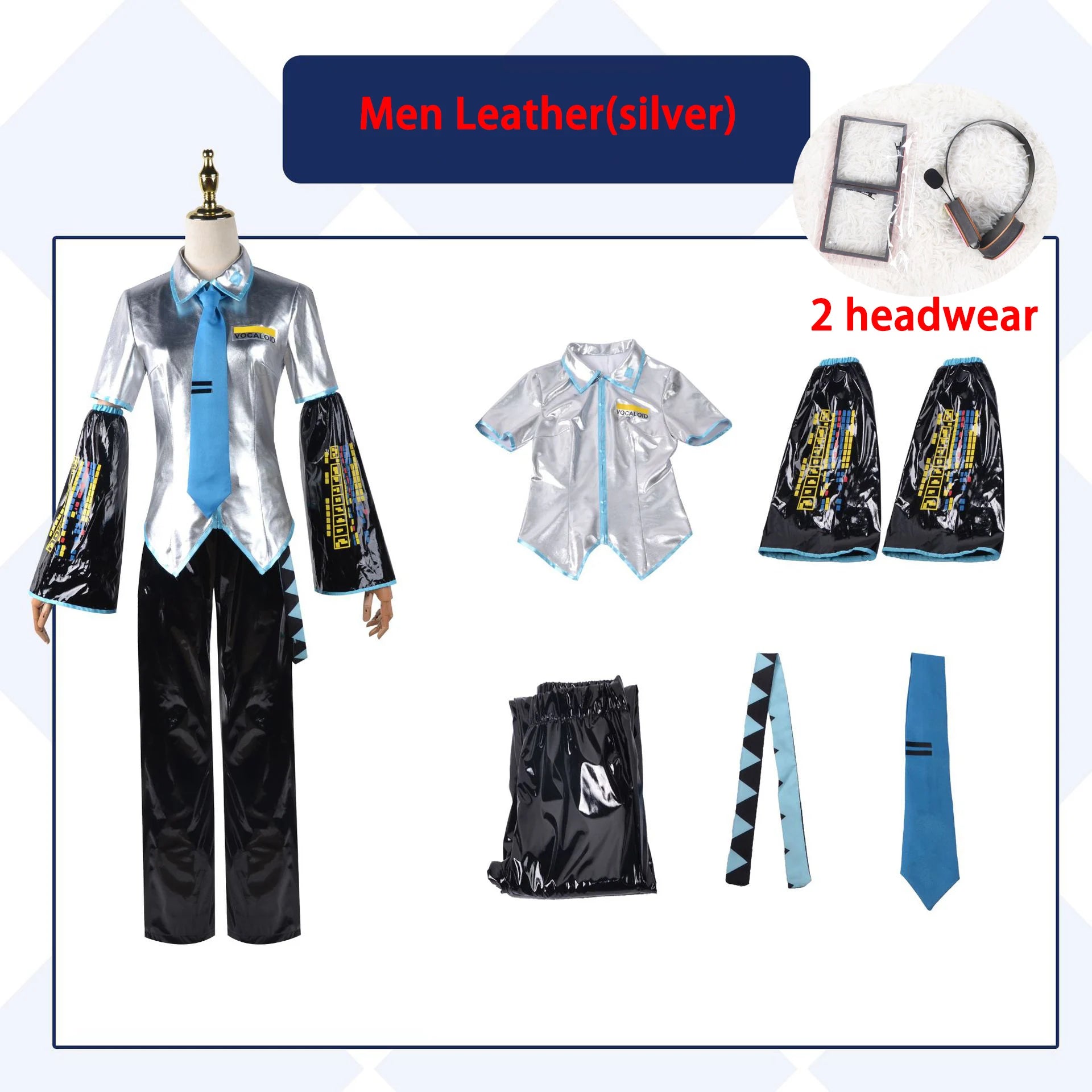 Miku Cosplay Full Set Silver Grey Patent Leather Fabric Suit Miku Cosplay Shoes Headwear Costume Outfit JK uniform Cosplay
