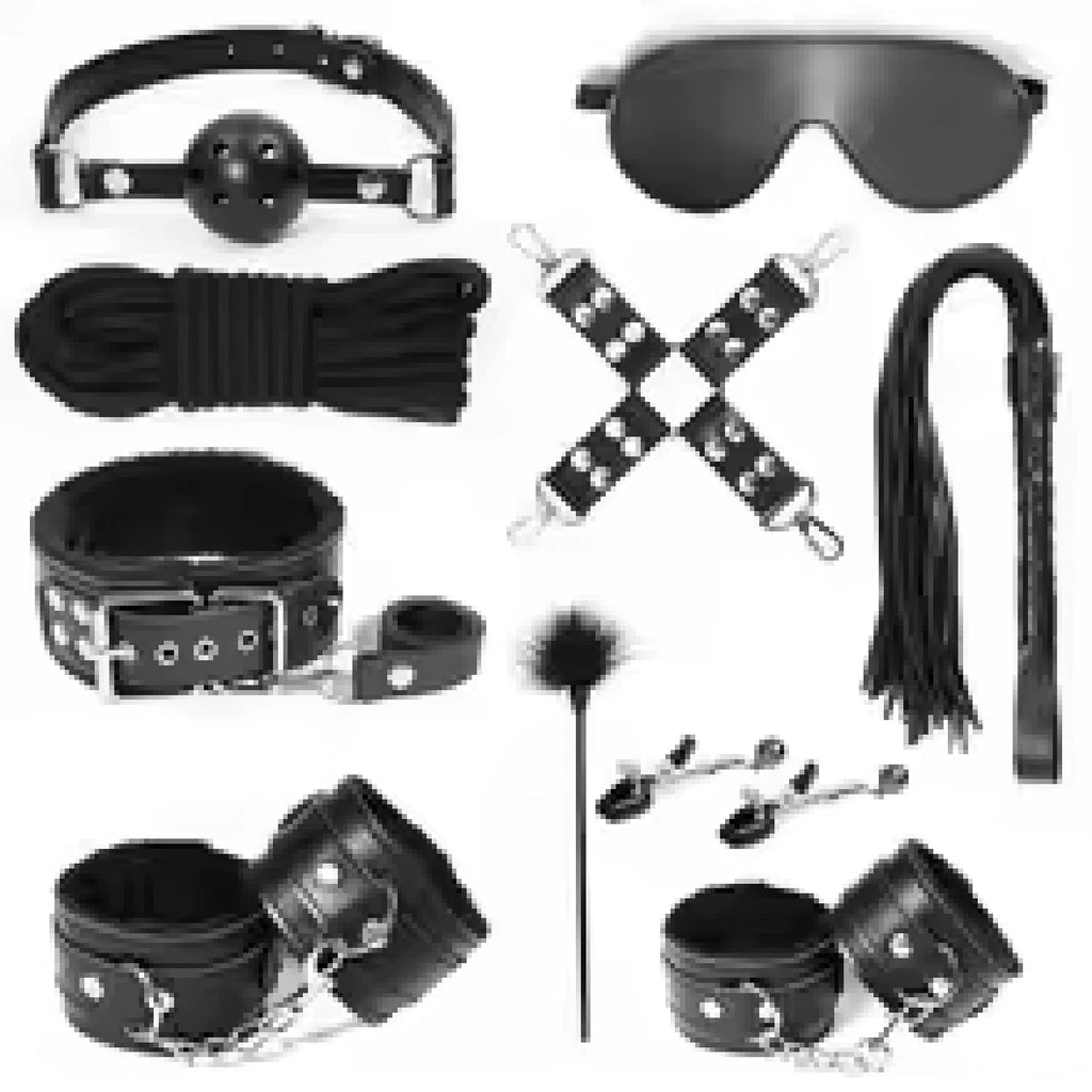 BDSM Sex Toys Bondage Restraints Set include Leather Ankle Handcuffs Whips Tickler Mouth Gag Cotton Rope Collar for Women Couple