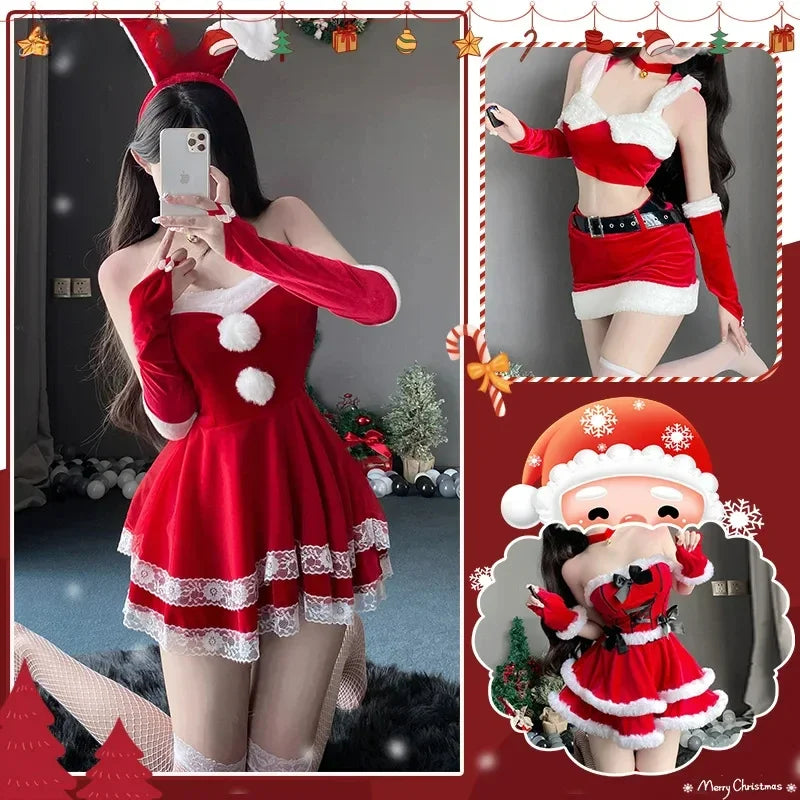 Sexy Christmas Dress Santa Claus Series Costume Xmas Party Girl Red Dress Cloak Rope Unifrom Sexy Pajamas Club Party Cosplay