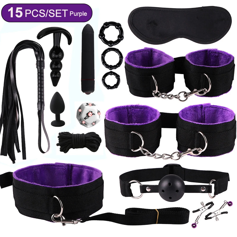 Sex Toys BDSM Bondage Set Erotic Bed Games Handcuffs Ankle Nipple Clamps Whip Spanking Slave Collars Adults Sex Game For Couples