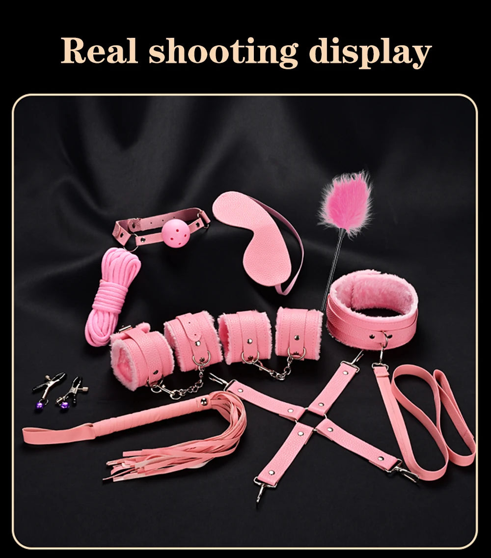 BDSM Bondage Restraint Kit 10 Pieces Drawstrings Collars Eye Masks Mouth Balls Whips Cotton Ropes Nipple Clamps Rope for Couples