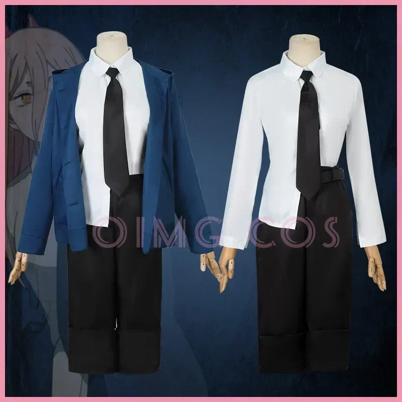 Power Cosplay Costume Chainsaw Man Outfits Blue Suit Shirt Tie Short Neck Ring Wig Women Anime Uniform Halloween