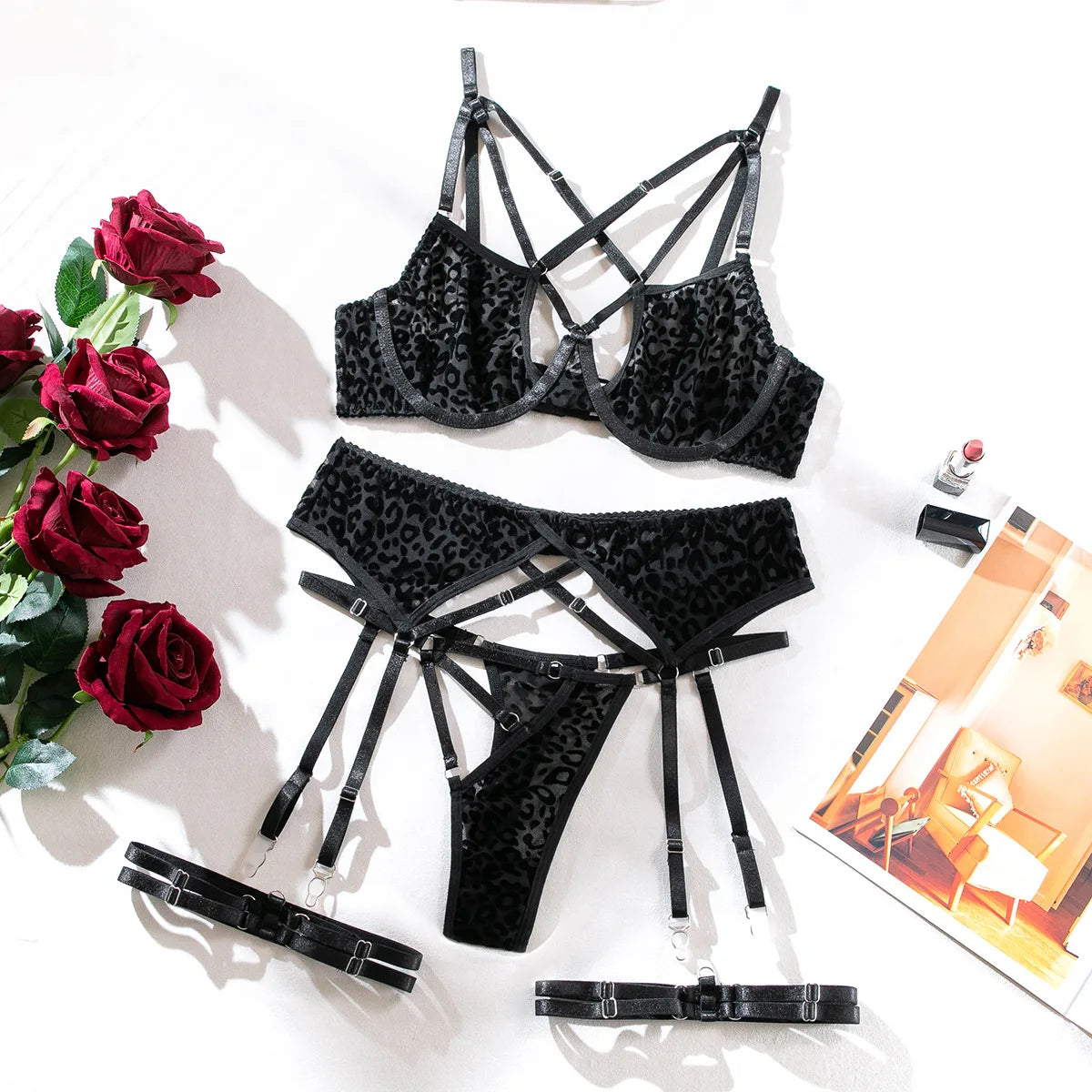 Erotic Leopard Lingerie Set - Sexy Push-Up Bra & Sheer Thong with Adjustable Garter Belt Velvet 4-Piece Bondage Kit Outfits