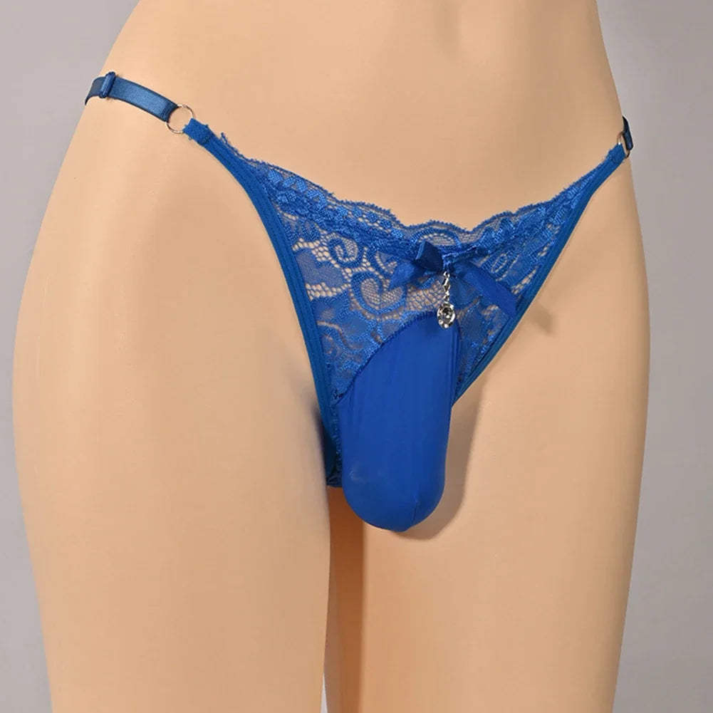 Men Sissy Lingerie Sheer Lace Thong Panties Ball Pouch G-String Low Waist Underpants Waistband Adjustable Briefs Erotic Lingerie