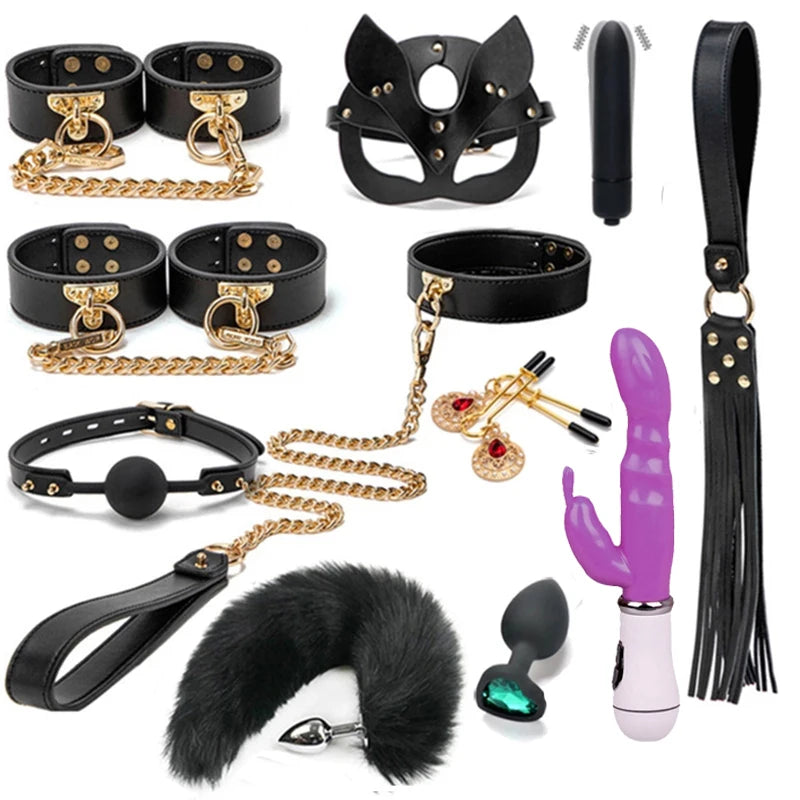 Erotic Bed Bondage Kits Slave Restraint Bondage Set Genuine leather Collar Mouth Gag Whips Handcuffs Adult Sex Toys For Couples
