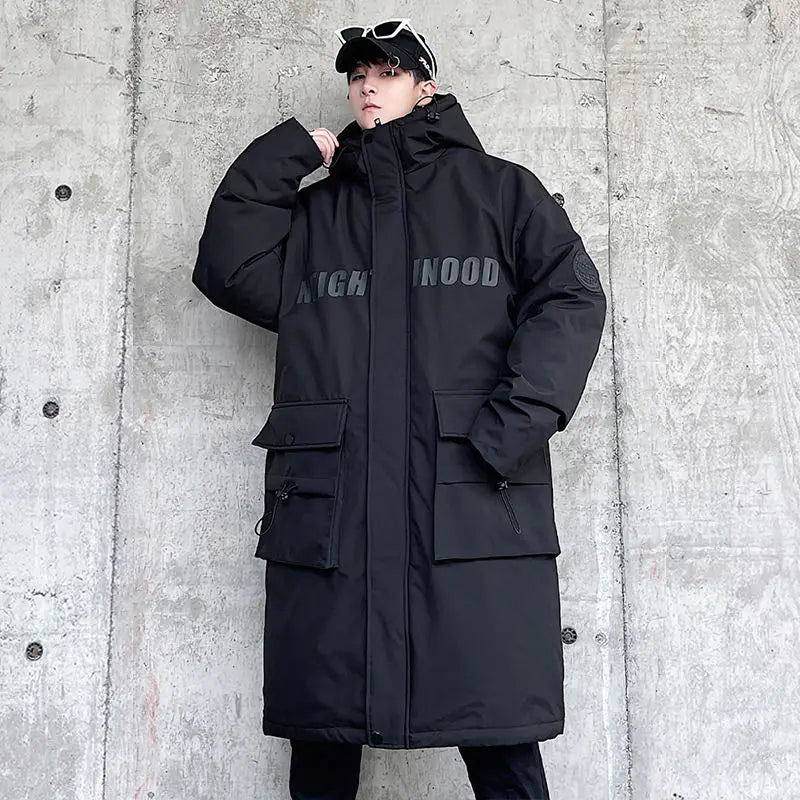 Techwear Down Cotton Jacket Men's Oversize Mid Length Workwear Cold Weather Clothing Winter Pockets Thick Hooded Parkas