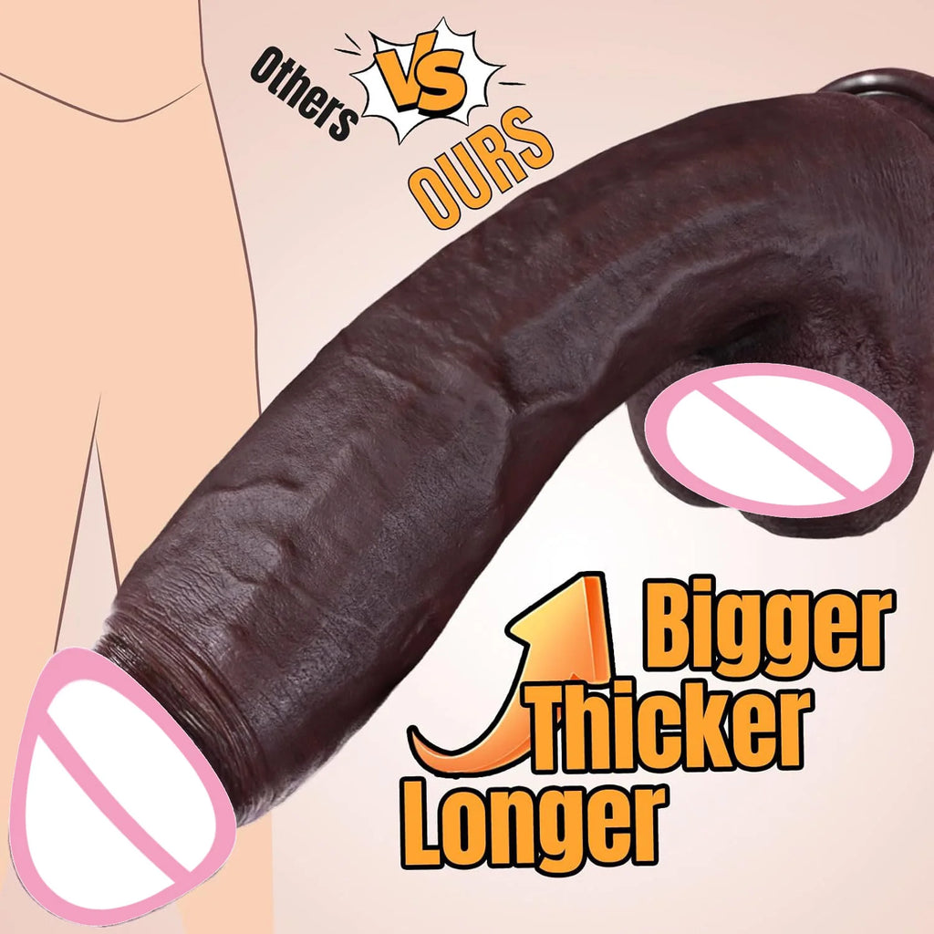 Simulated large black dildo sex toy, skin like huge thick dildo, with realistic silicone dildo with suction cups
