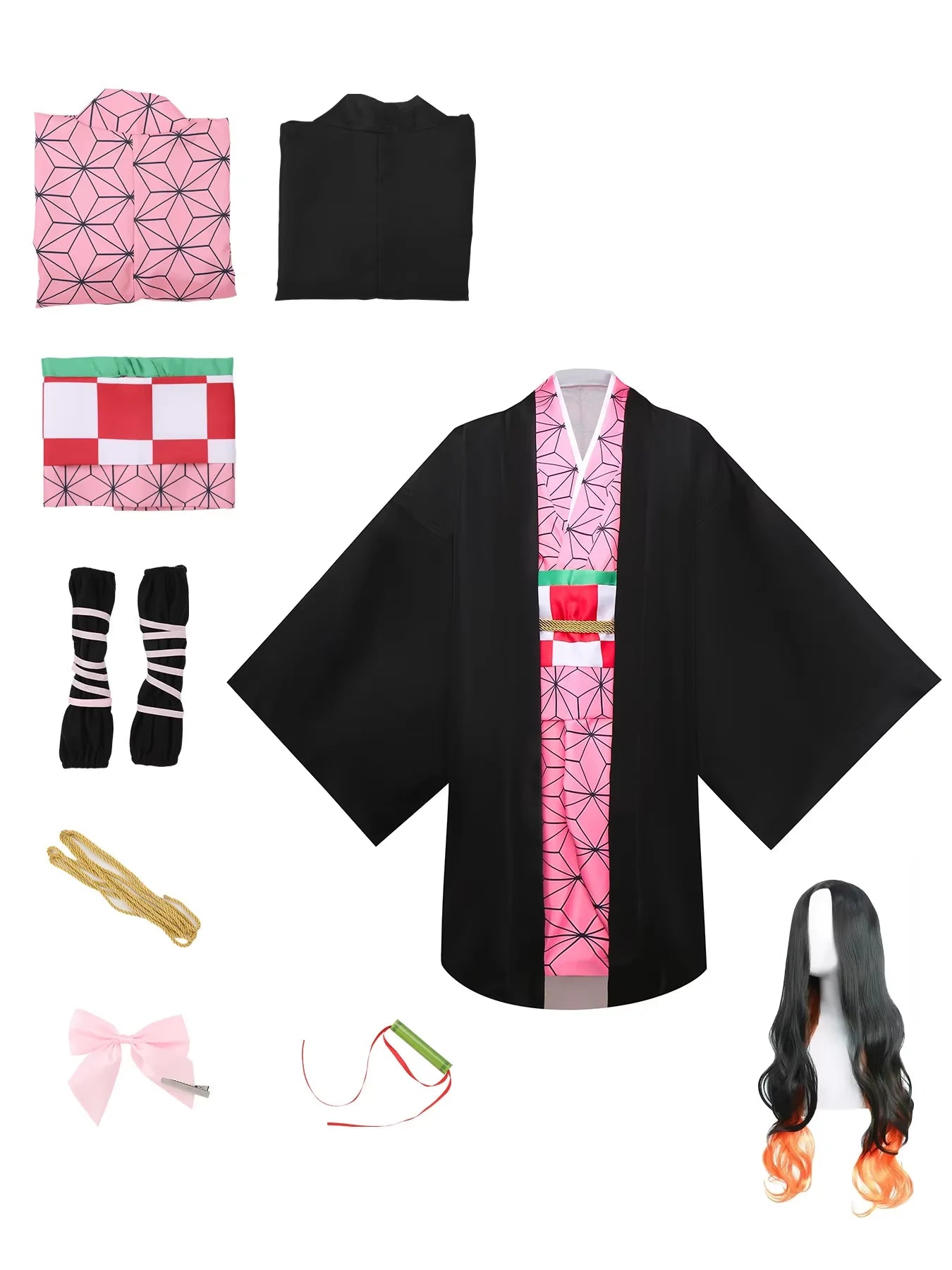 Anime Demon Slayer Kamado Nezuko Cosplay Costume Kimono Kimetsu No Yaiba Cosplay Wigs Hairs Halloween Carnival Women Outfit