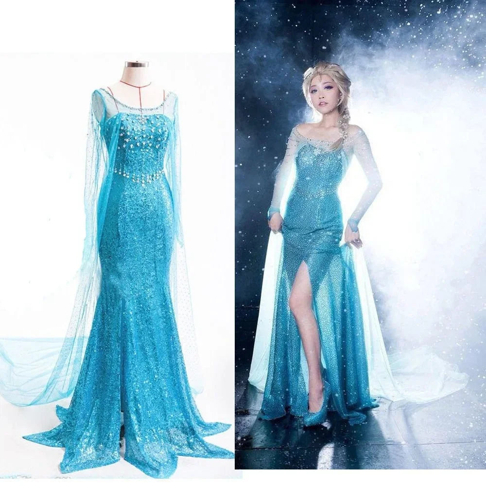Frozen Elsa Princess Long Dress Sequin Mesh Elsa Costume Adult Snow Queen Costume Party Dress Halloween Carnival Cosplay Costume