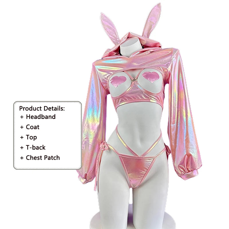 Sexy lingerie anime bunny girl cosplay pink laser patent leather bikini bunny girl Halloween lingerie set