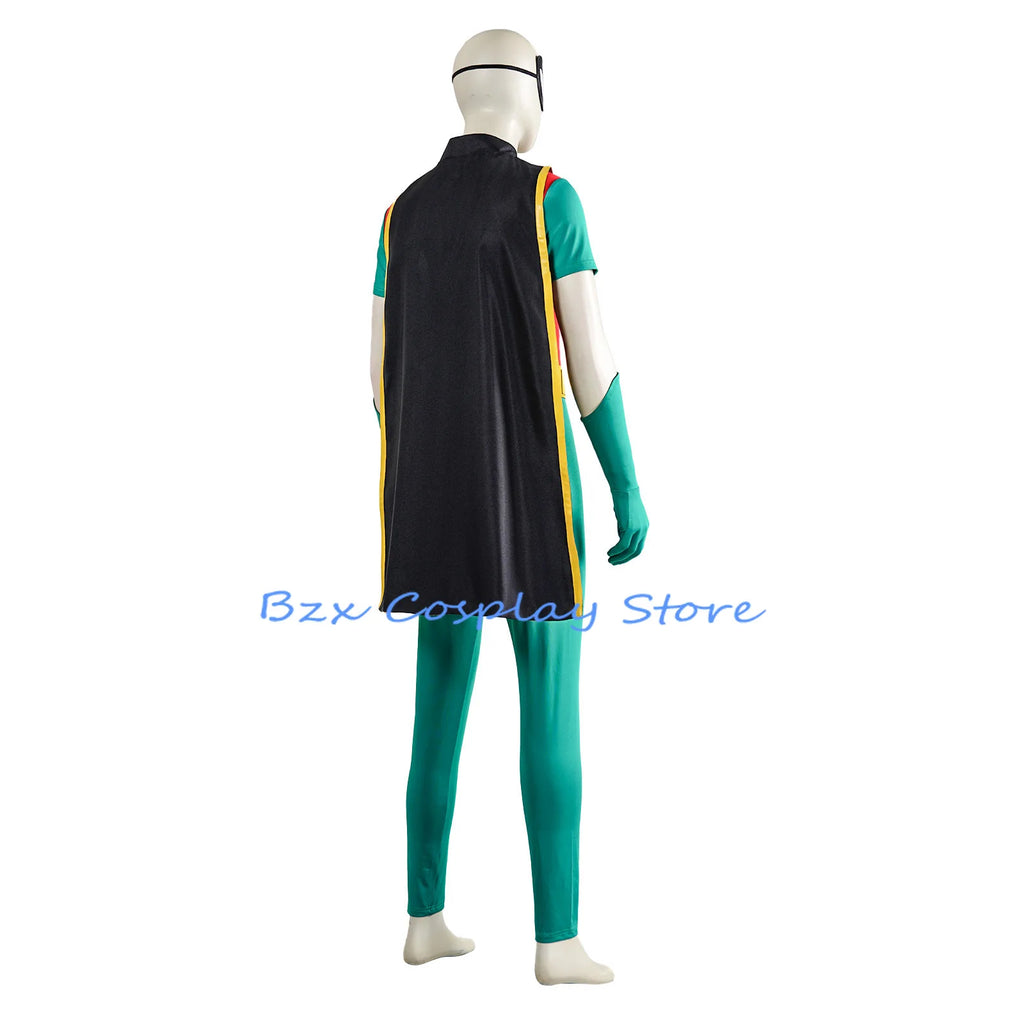 Film Fantasy Robin Cosplay Costume Adult Men Green Jumpsuit Cloak Belt Gloves Eyemask Suit Halloween Party Hero Robin Outfits