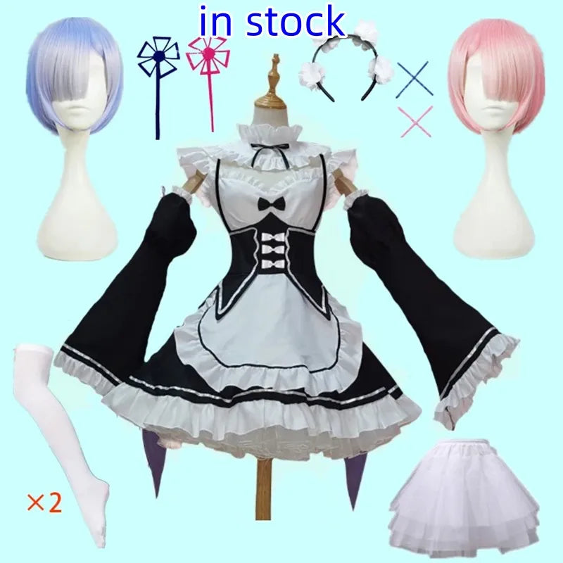 in stock  Re:zero Kara Hajimeru Isekai Seikatsu Rem Ram Maid Cosplay Costumes  Kawaii  dresses   Maid