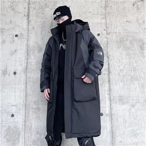 Techwear Down Cotton Jacket Men's Oversize Mid Length Workwear Cold Weather Clothing Winter Pockets Thick Hooded Parkas