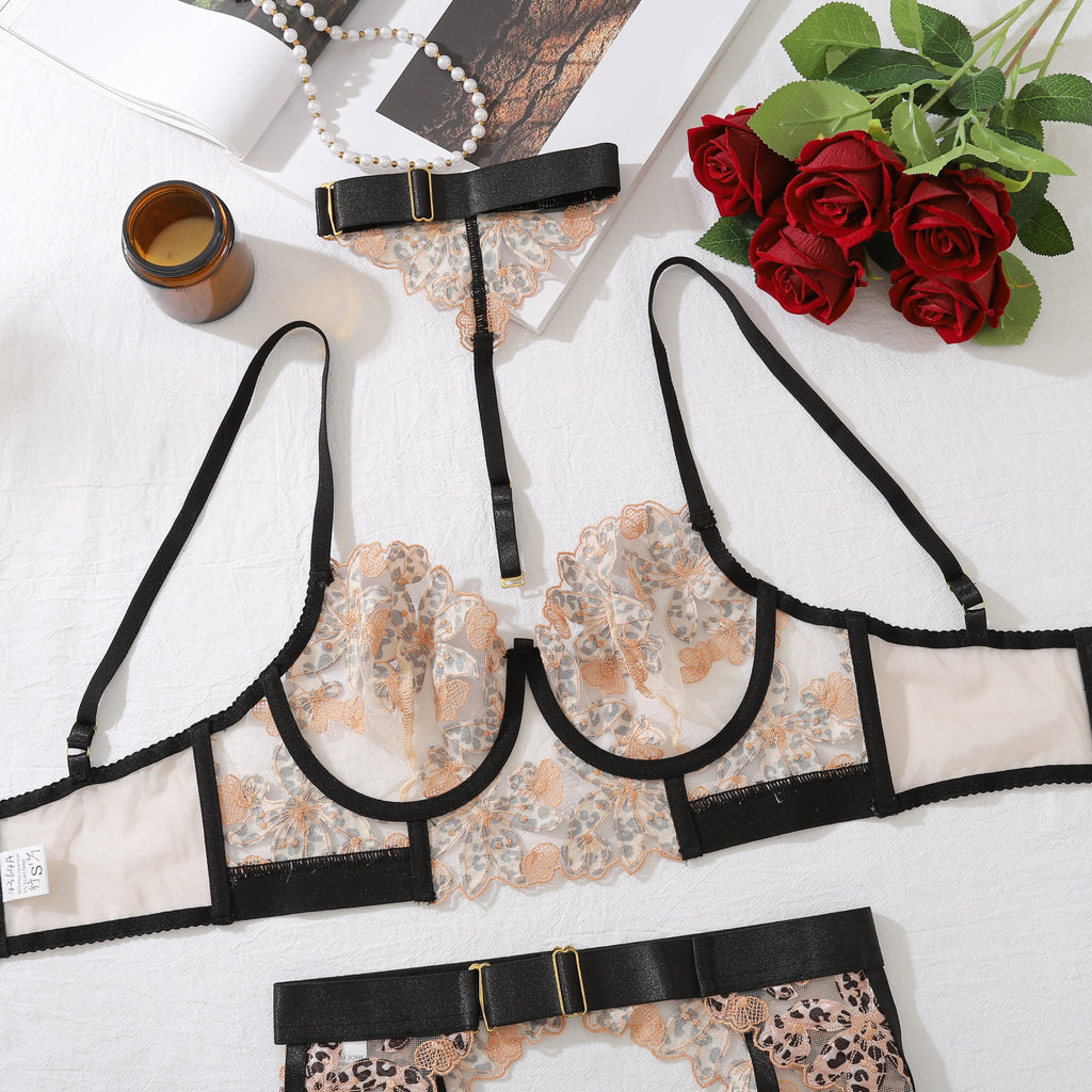 Erotic Women's Lingerie 5-Piece Set Hanging Neck Leopard Embroidered Bra Panty Garter Sets See-Through Patchwork Sexy Underwear