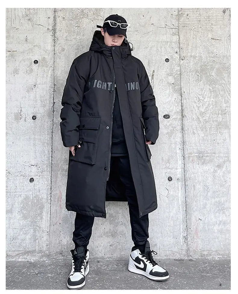 Techwear Down Cotton Jacket Men's Oversize Mid Length Workwear Cold Weather Clothing Winter Pockets Thick Hooded Parkas