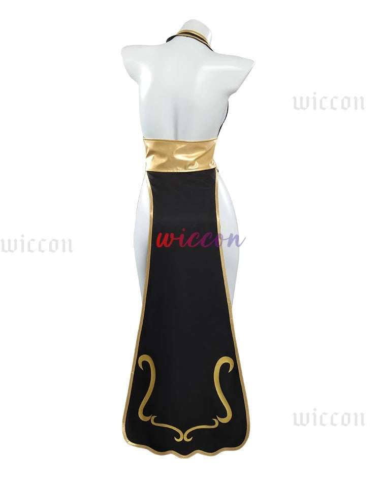 Chun Li Game Street Cosplay Costume Black Battle Dress Fighter Chinese Style Cheongsam Woman Adult Wig Blue Halloween Party