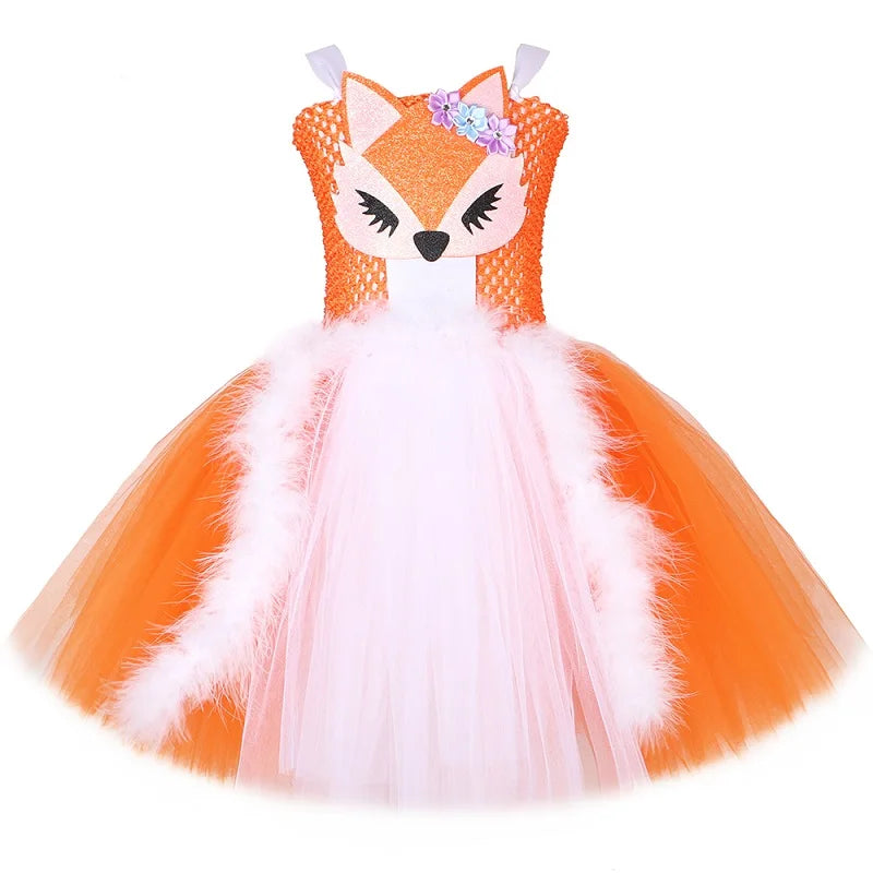 White Orange Fox Halloween Costumes for Girls  Animal Cosplay Tutu Dress with Ears Children Birthday Carnival Party Outfits