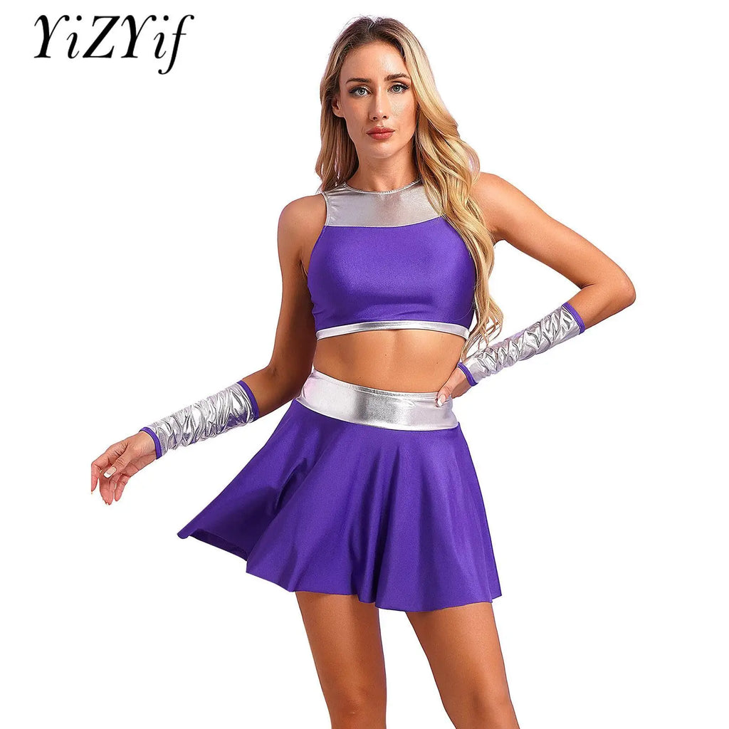 Women Anime Princess Cosplay Costume Halloween Cheerleading Uniform Performance Tracksuit Crop Top with Miniskirt Gloves Set