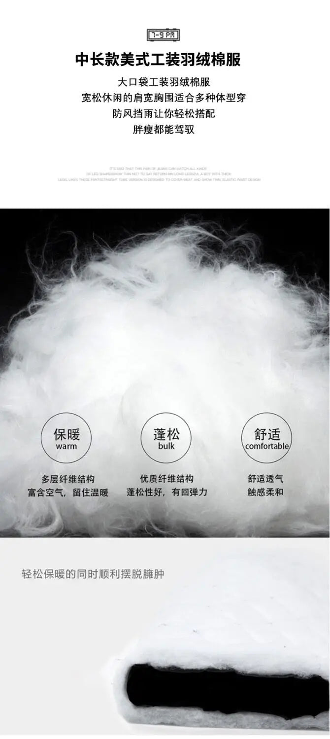 Techwear Down Cotton Jacket Men's Oversize Mid Length Workwear Cold Weather Clothing Winter Pockets Thick Hooded Parkas