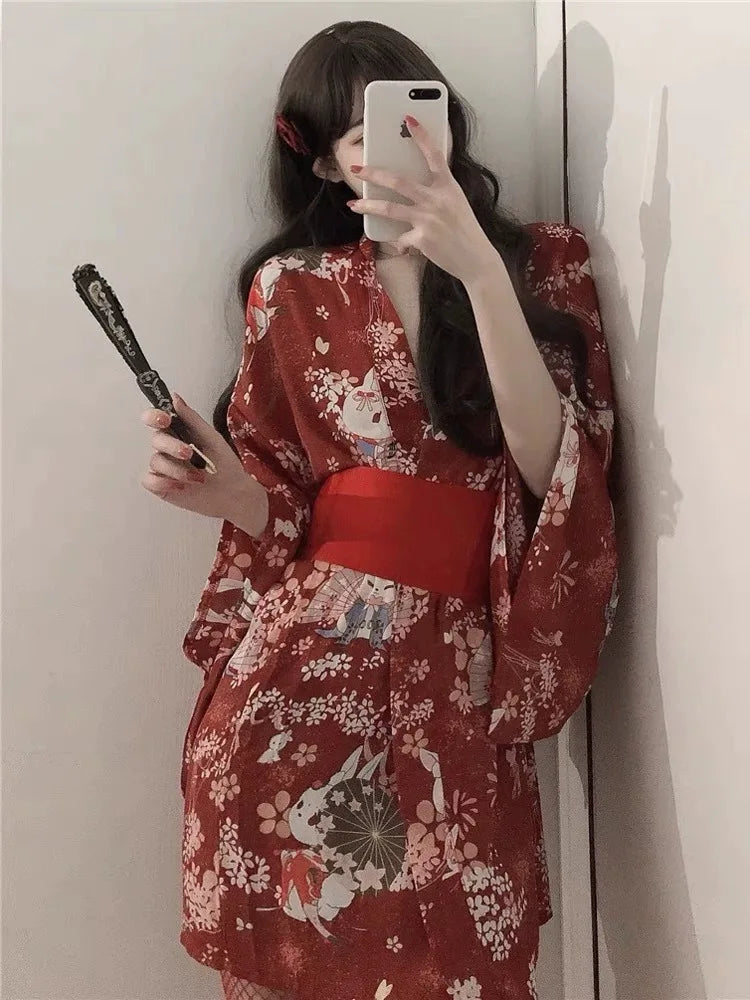 Sex Japanese Kimono Sexy Sleepwear Cosplay Outfit for Women Traditional Style Robe Yukata Sakura Costumes Pajamas Soft Silk Belt