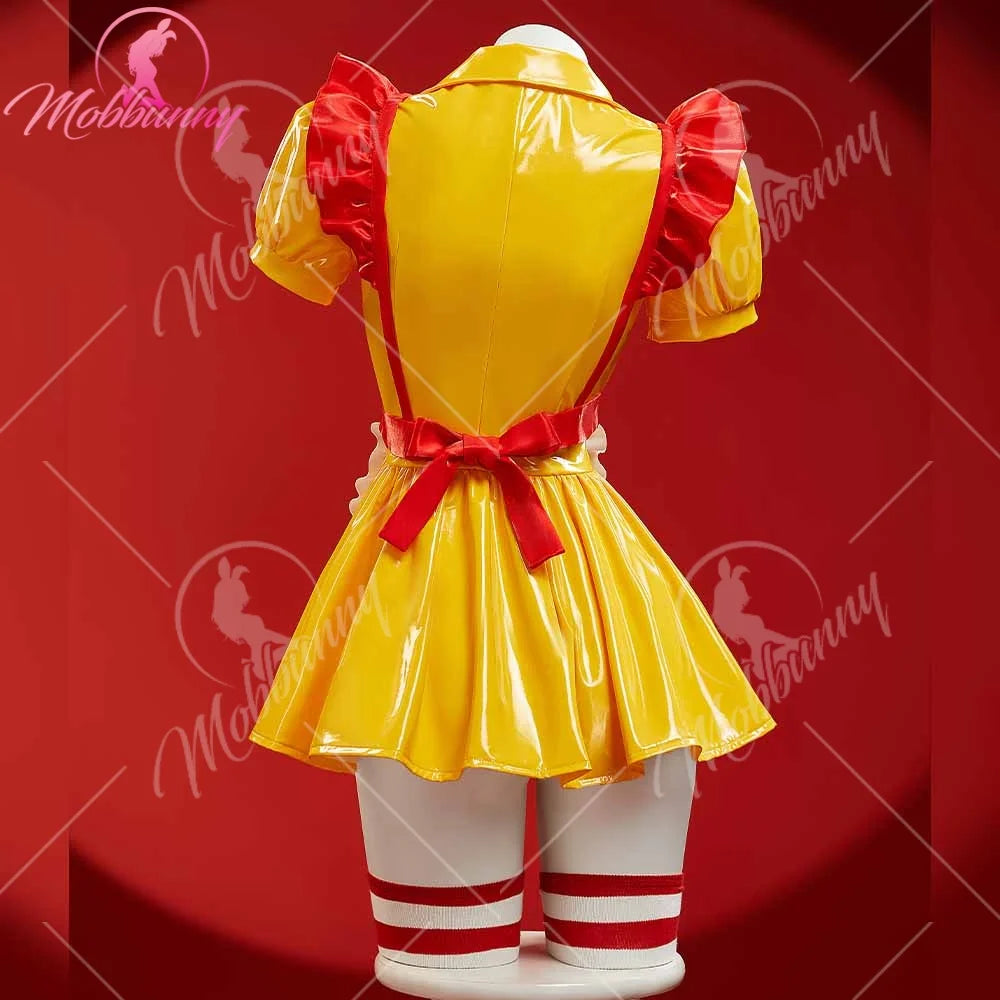 Mobbunny Women's Sexy Lingerie Maid Uniform Set Waitress Yellow Dress with Red Apron and Hat Halloween Cosplay Costume