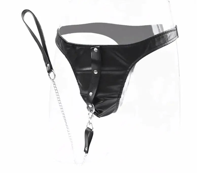 Thierry flirting sex products sexy Fetish pu Leather briefs With Leash for men, adult games Chastity Panty for couples