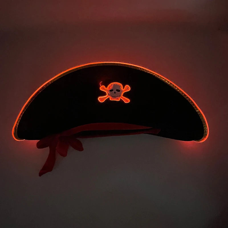 LED Pirate Hat Pirate Theme Holiday Cosplay Pirate Costume Decorations Glowing Captain Hat Colonial Tricorn Hat Woman Skull Hat