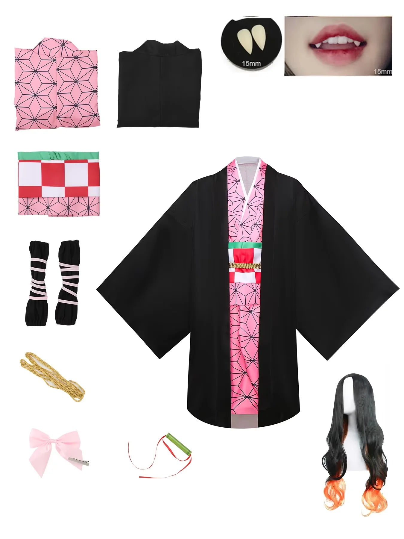 Anime Demon Slayer Kamado Nezuko Cosplay Costume Kimono Kimetsu No Yaiba Cosplay Wigs Hairs Halloween Carnival Women Outfit