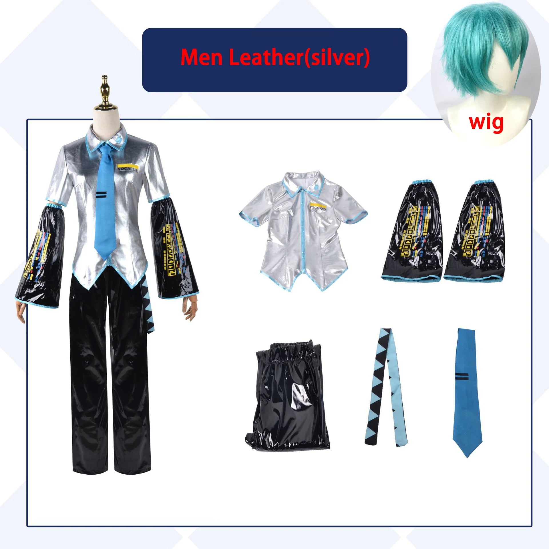 Miku Cosplay Full Set Silver Grey Patent Leather Fabric Suit Miku Cosplay Shoes Headwear Costume Outfit JK uniform Cosplay