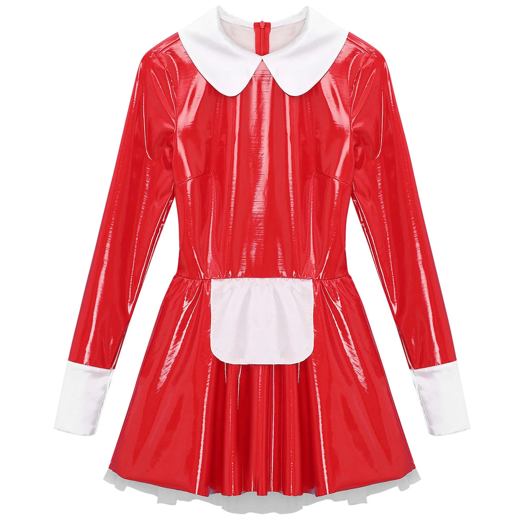 Women PVC Leather A-Line Servants Maid Dress Maid Cosplay Costume Role Play Maid Uniform Temptation Anime Cosplay Party Costume