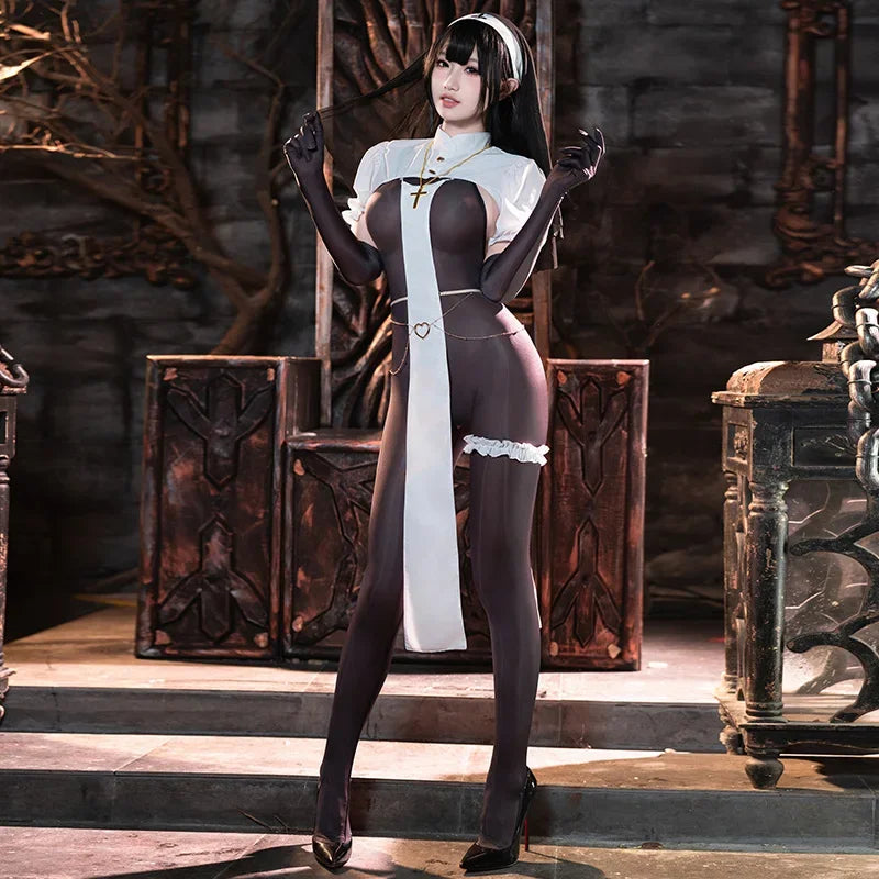 Halloween Religious Church Nun Cosplay Costume Sister Women's Suspender Black Silk See-through Bodysuit Jumpsuit For Nightclub