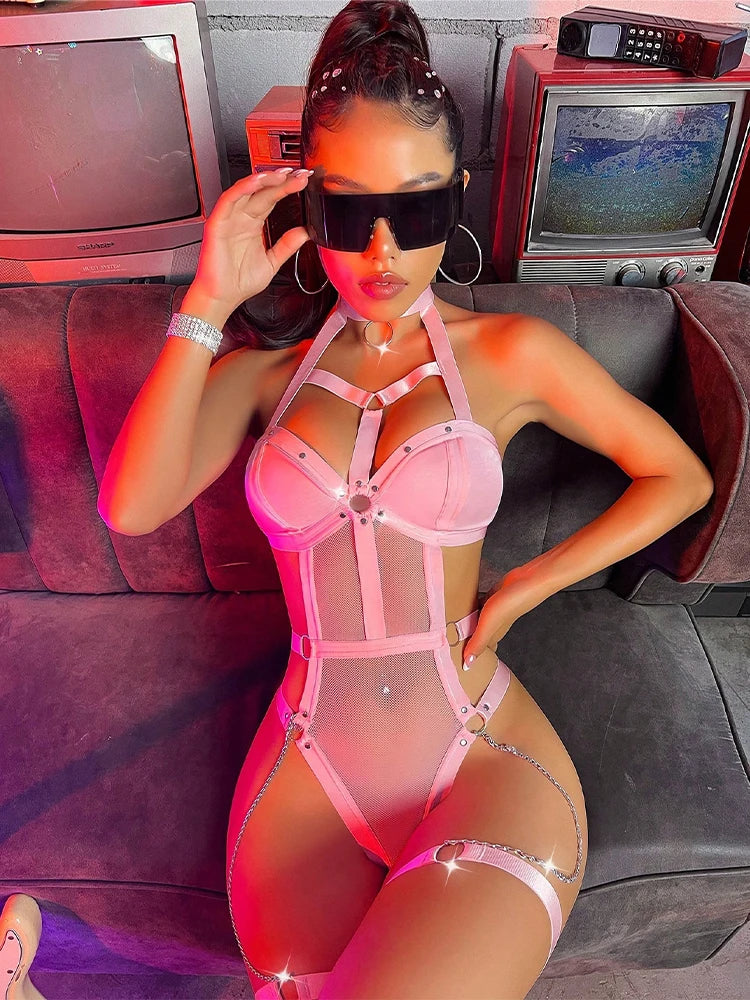 Sexy Lingerie Women Hot Fetish Bodysuit Open Anal See Through Hollow Teddies Erotic Chain Fetish Underwear Exotic Apparel Set