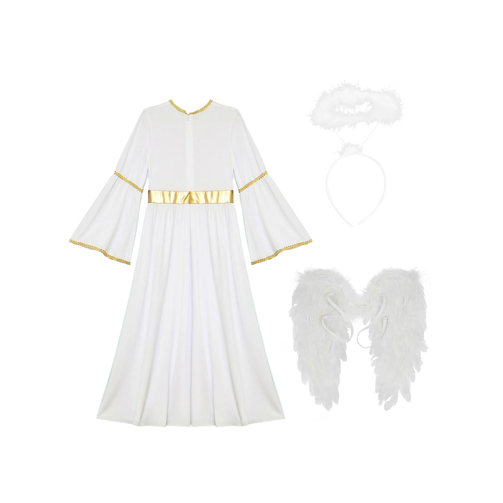 Girls White Angel Costume Halloween Party Long Bell Sleeve Maxi Dress Gown with Wings Set for Performance Church Dress Up