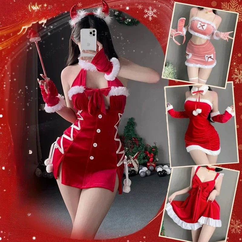 Sexy Christmas Dress Santa Claus Series Costume Xmas Party Girl Red Dress Cloak Rope Unifrom Sexy Pajamas Club Party Cosplay