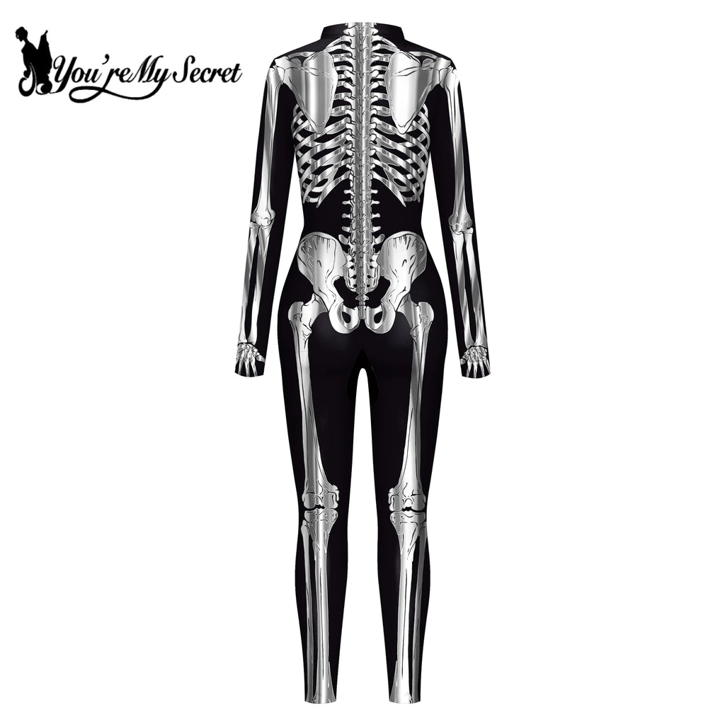 [You're My Secret]Halloween Cosplay Costumes For Women Skeleton Printed Long Sleeve Bodysuits Slim Elastic Fancy Outfits Catsuit