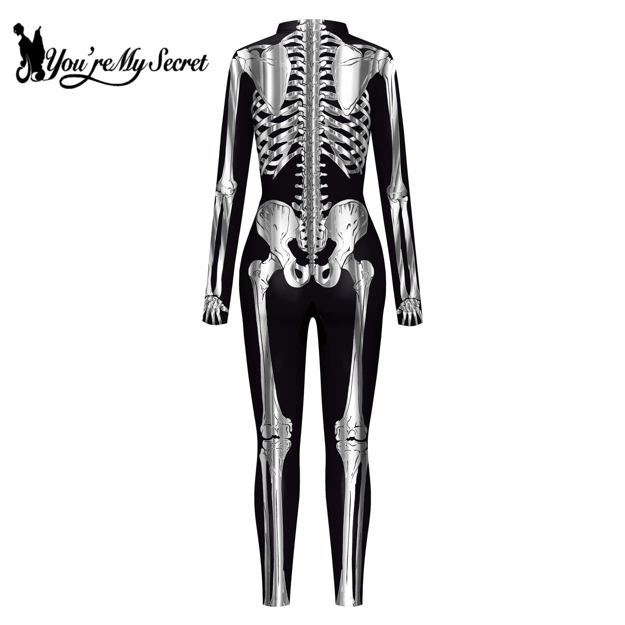 [You're My Secret]Halloween Cosplay Costumes For Women Skeleton Printed Long Sleeve Bodysuits Slim Elastic Fancy Outfits Catsuit