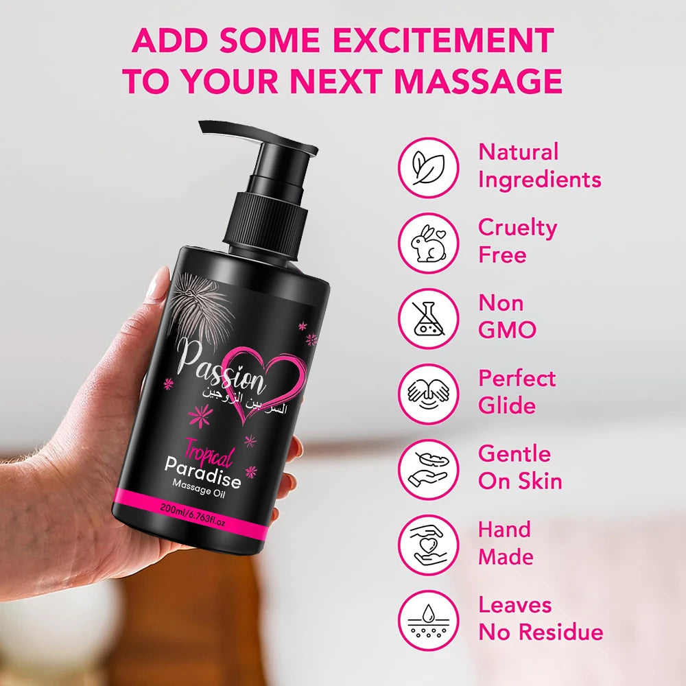 6.76 OZ Passion Sensual Jojoba Oil Natural Body Massage Oil for Couples Relaxing Perfect Glide & Smooth Skin, Tropical Paradise